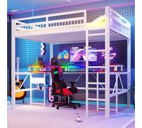 LinoraFurn Cama alta de 140 x 200 cm, marco de hierro con barra LED que cambia de color, con escritorio, 1 puerto USB + 1 conector tipo C y 2 tomas de corriente, con pared perforada, sin colchón