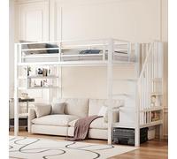 LinoraFurn Cama alta, estantes, escalera de almacenamiento, espacio libre debajo de la cama para disfrazarse, barandilla, sin colchón (blanco, 90 x 200 cm)