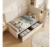 LinoraFurn Cama de día 90 x 200 cm con espacio de almacenamiento hidráulico, cama tapizada, sofá cama con puerto de carga USB y lámpara de lectura, beige, Bou ouclé)