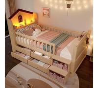 LinoraFurn Cama media alta, 90 x 200 cm, forma de casa, ventana, 4 cajones, barra de luz LED, escalera de almacenamiento, sin colchón, natural, pino y MDF