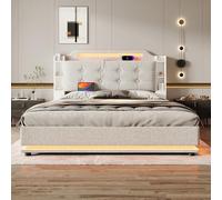 LinoraFurn Cama tapizada, 140 x 200 cm, con tira de luz LED, espacio de almacenamiento hidráulico, varios estantes, sin colchón, USB + tipo C, lino, beige