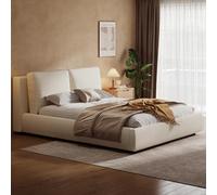 LinoraFurn Cama tapizada, cama doble, 160 x 200 cm, cama funcional hidráulica, cama con somier, cabecero y gran espacio de almacenamiento, cabecero tapizado, beige Bouclé