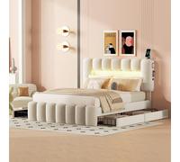 LinoraFurn Cama tapizada de 140 x 200 cm, con 4 cajones, cama tapizada con barra de luz LED con USB y sistema estéreo (beige)