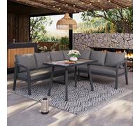 LinoraFurn Conjunto de comedor de jardín, juego de muebles de jardín, ofrece espacio para hasta 6 personas, brazos y respaldos trenzados, tubos de acero galvanizado, incluye sofá de esquina y mesa de