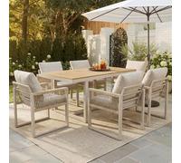 LinoraFurn Exquisito juego de comedor de 7 piezas, 1 mesa + 6 sillas de comedor al aire libre con malla de cuerda y cojines, resistente a la intemperie y moderno, color beige