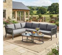 LinoraFurn Juego de comedor de jardín, 6 personas, posición esquinera, hierro galvanizado, mesa de cristal, cuerda trenzada a mano, incluye dos mesas de café y un sofá (gris A)