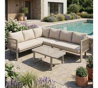 LinoraFurn Juego de muebles de jardín, 6 personas, posición esquinera, tubo de acero galvanizado, mesa de cristal, cuerda trenzada, incluye mesa de comedor, banco, sillas y sofá, color caqui (225 x