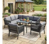 LinoraFurn Juego de muebles de jardín, 8 personas, posición esquinera, hierro galvanizado, mesa de cristal, juego de cuerda tejida a mano, compuesto por una mesa de comedor, dos sillones y un sofá de