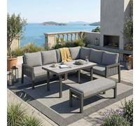 LinoraFurn Juego de muebles de jardín, 8 personas, posición esquinera, hierro galvanizado, mesa de cristal, cuerda trenzada de polietileno hecha a mano, incluye mesas de comedor, bancos y sofás (gris)