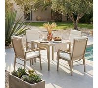 LinoraFurn Juego de muebles de jardín, adecuado para 4 personas, compuesto por 1 mesa y 4 sillas, hierro galvanizado, tablero de madera de plástico (caqui + beige, 84 x 84 x 74,5 cm)