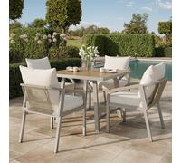 LinoraFurn Juego de muebles de jardín, adecuado para 4 personas, compuesto por 1 mesa y 4 sillas, tubo de acero galvanizado, tablero de madera de plástico (caqui + beige, 80 x 80 x 76,5 cm)