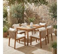 LinoraFurn Juego de muebles de jardín, adecuado para 6 personas, compuesto por 1 mesa y 6 sillas, estructura y tablero de madera maciza (madera maciza + beige, 150 x 70 x 76,5 cm)