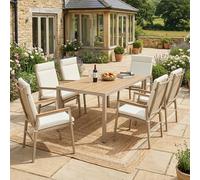 LinoraFurn Juego de muebles de jardín, adecuado para 6 personas, compuesto por 1 mesa y 6 sillas, hierro galvanizado, tablero de madera de plástico (caqui + beige, 159 x 90 x 74,5 cm)