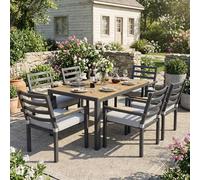 LinoraFurn Juego de muebles de jardín, adecuado para 6 personas, compuesto por 1 mesa y 6 sillas, hierro galvanizado, tablero de madera de plástico (gris, 143,5 x 90 x 72 cm)