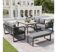 LinoraFurn Juego de muebles de jardín con cojín de asiento y respaldo de alta calidad, sillón de jardín para 6 - 8 personas, juego de tapicería de ratán sintético trenzado a mano, resistente a la