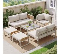 LinoraFurn Juego de muebles de jardín de ratán para 6-7 personas, sofá esquinero con estructura de hierro galvanizado, patas ajustables, incluye cojines de asiento y respaldo, color beige