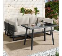 LinoraFurn Juego de muebles de jardín, juego de muebles de jardín, sillón de esquina, cama relax para exteriores, mesa de comedor, se puede convertir en una cama, acero galvanizado, color beige