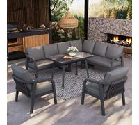 LinoraFurn Juego de muebles de jardín, ofrece espacio para hasta 8 personas, brazos y respaldos trenzados, tubos de acero galvanizado, incluye un sofá de esquina (gris A, 240 x 183 x 83 cm)