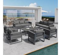 LinoraFurn Juego de muebles de jardín para exteriores de 10 plazas, juego de salón de jardín con patas ajustables, tapizados y estructura de metal inoxidable para balcón, terraza, color gris