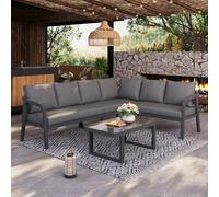 LinoraFurn Juego de muebles de jardín, posición esquinera, ofrece espacio para hasta 6 personas, brazos y respaldos trenzados, tubos de acero galvanizado, incluye sofá de esquina y mesa de café (gris