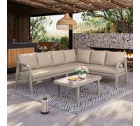 LinoraFurn Juego de muebles de jardín, posición esquinera, ofrece espacio para hasta 6 personas, brazos y respaldos trenzados, tubos de acero galvanizado, incluye sofá de esquina y mesa de café (beige
