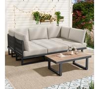LinoraFurn Juego de muebles de jardín, sillones de jardín, sofá esquinero, cama relax para exteriores, mesa de café, se puede convertir en una cama, acero galvanizado, color beige grisáceo (180 x 180