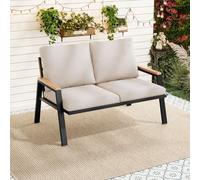 LinoraFurn Juego de muebles de jardín, sofá exterior de 2 plazas, acero galvanizado, pasamanos de madera y plástico, estilo industrial, color beige grisáceo