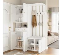 LinoraFurn Juego de perchero, perchero de pared; juego de roperos con zapatero y zapatero, 4 ganchos, 6 puertas, 2 cajones, muebles de pasillo blanco (110 x 37 x 180 cm)