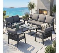 LinoraFurn Juego de salón de jardín, con capacidad para 7 personas, sofá de 3 plazas, sofá de 2 plazas, 2 sillones y 1 mesa de café, tapa de cristal, estructura de hierro galvanizado (gris, 172 x 69,5