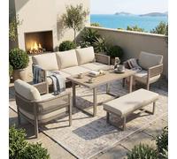 LinoraFurn Juego de salón de jardín con cojines cómodos, sofá de 3 plazas, 2 sillones, banco y mesa de comedor, tablero de WPC, cuerda trenzada de polietileno, estructura de hierro galvanizado, color