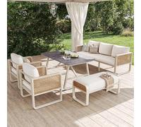 LinoraFurn Juego de salón de jardín para 6 - 7 personas, ratán sintético, incluye mesa auxiliar, sofá de jardín con cojines lavables, patas ajustables para terraza, balcón, jardín, color beige