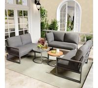 LinoraFurn Juego de salón de jardín para 6-7 personas, sofá esquinero con estructura de hierro galvanizado, patas ajustables, incluye todos los cojines de asiento y respaldo, gris