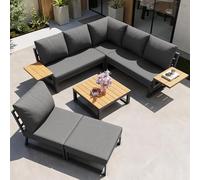 LinoraFurn Juego de sofá de jardín en forma de L con reposabrazos de madera, resistente a la intemperie, esquinero y tumbona de hierro, incluye mesa de madera, sillón y taburete para 7 personas/con