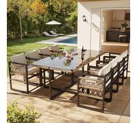 LinoraFurn Juego de sofá de jardín trenzado a mano para 4 personas/Hecho de hierro resistente con 4 cojines beige/Incluye 1 mesa de cristal de seguridad y 4 sillones/muebles de patio resistentes a la