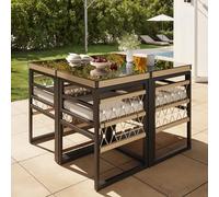 LinoraFurn Juego de sofá de jardín trenzado a mano para 4 personas/Hecho de hierro resistente con 4 cojines beige/Incluye 1 mesa de cristal de seguridad y 4 sillones/muebles de patio resistentes a la