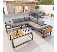 LinoraFurn Juego de sofá modular para exteriores con respaldo ajustable, reposabrazos plegables y depósito de hielo metálico, cojín de 10 cm de grosor para terraza, balcón, zona de piscina, gris/beige