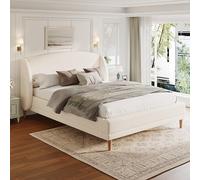 LinoraFurn Lit capitonné 140×190 cm en Tissu bouclé, tête de lit à oreilles, Design incurvé, sommier à Lattes solides, Pieds en Bois d'hévéa, Blanc Ivoire