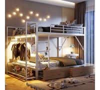 LinoraFurn Litera, 140 x 200 cm, marco de hierro, 2 cajones, varios estantes, con barra de luz LED, con barra para colgar, colchón no incluido (blanco, 140 x 200 cm)