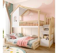 LinoraFurn Litera, 90 x 200 cm+140 x 200 cm, barandilla, escalera de almacenamiento, ventana, listón de casa, color natural + blanco