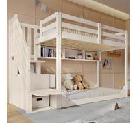 LinoraFurn Litera para niños, 90 x 200 cm, color blanco, con armario para escaleras y espacio de almacenamiento, ahorra espacio, cuna de madera para hermanos con barandillas de seguridad y