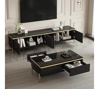 LinoraFurn Moderno juego de muebles de lujo para TV y mesa de café, acabado brillante en color liso, bordes dorados, amplio espacio de almacenamiento (negro)