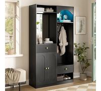 LinoraFurn Perchero compacto con espejo y banco, perchero de pasillo con zapatero y ganchos, perchero compacto, juego de muebles de pasillo, perchero de pasillo, tiras LED con color ajustable
