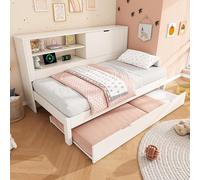 LinoraFurn Sofá cama individual 90 × 200 cm con cama nido de 90 × 190 cm, marco de cama blanco con espacio de almacenamiento, compartimento abierto, espacio de almacenamiento plegable oculto, base de