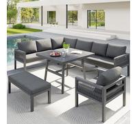 LinoraFurn Sofá de jardín trenzado a mano en forma de L para hasta 8 personas/estructura de hierro resistente con cojines grises/Incluye 1 mesa con tapa de cristal de mármol y 2 sillones/muebles de