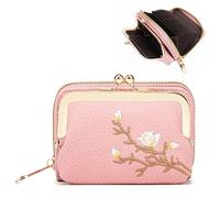 Linpr Cartera de crédito 2 en 1, cartera floral para mujer, monedero con ranura para tarjetas, soporte vintage para cambio de mujer con cierre de beso y cremallera, Rosa, S, Sencillo