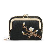 Linpr Cartera para Tarjeta de Crédito para Mujer, Paquetes Tarjetas con Varios Compartimentos, Monedero de Piel, Mini Carteras con Cerradura Beso, Retro Patrón de Flores Monederos (Negro)