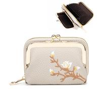 Linpr Monedero para Mujer de Piel, Mini Carteras con Cerradura Beso, Gris | Paquetes Tarjetas con Varios Compartimentos, Pequeño y Liviano Bolsa de Monedas, Retro Patrón de Flores Monederos