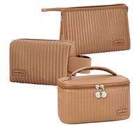 Linpr Neceser Maquillaje de 3 Piezas para Mujer, Neceser Viaje Grande para Niña, Bolsa Maquillaje Organizador de Cuero Sintético a Rayas, Linda Bolsa de Aseo para Mujeres y Niñas (Café)