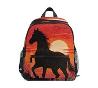 linqin Black Horse Silhouette at Red Sunset - Mochilas para niños con correa escolar, bolsa de libros con etiqueta de nombre para mochila de escuela primaria para ni?os de 3 a?os