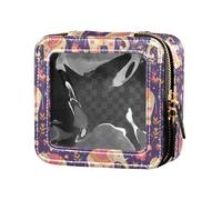 Linqin - Estuche de maquillaje transparente con diseño de elefantes rosados y amarillos, color morado, Pink Yellow Elephants Purple, 1 talla, Pink Yellow Elephants Purple, 1 talla